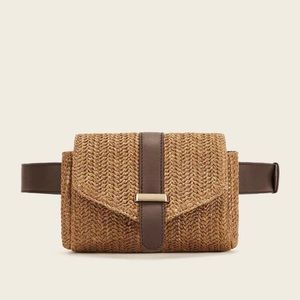 Woven Straw Belt Bag with Brown Trim